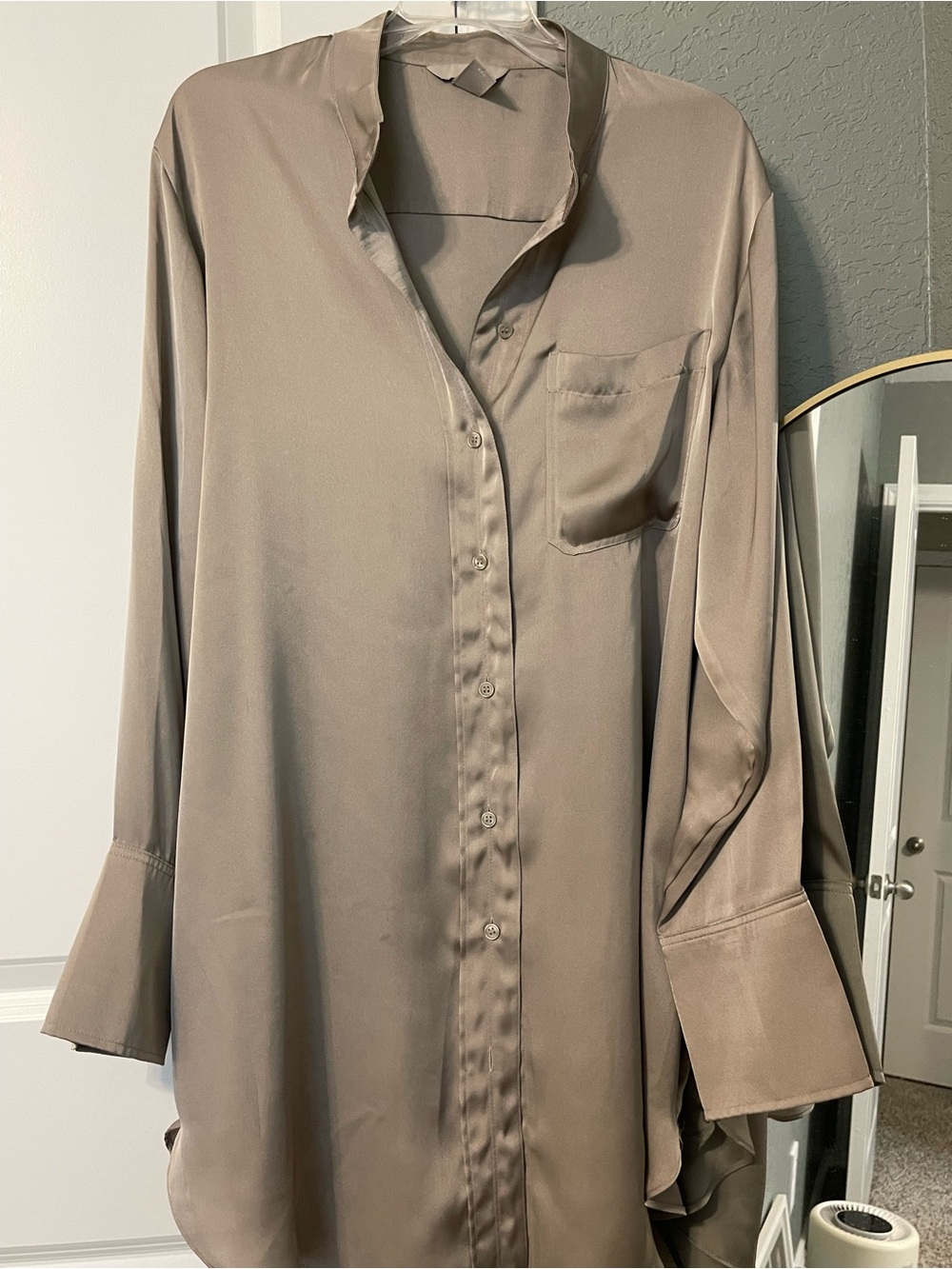 Silky Long-Sleeve Button-Up Dress in Taupe